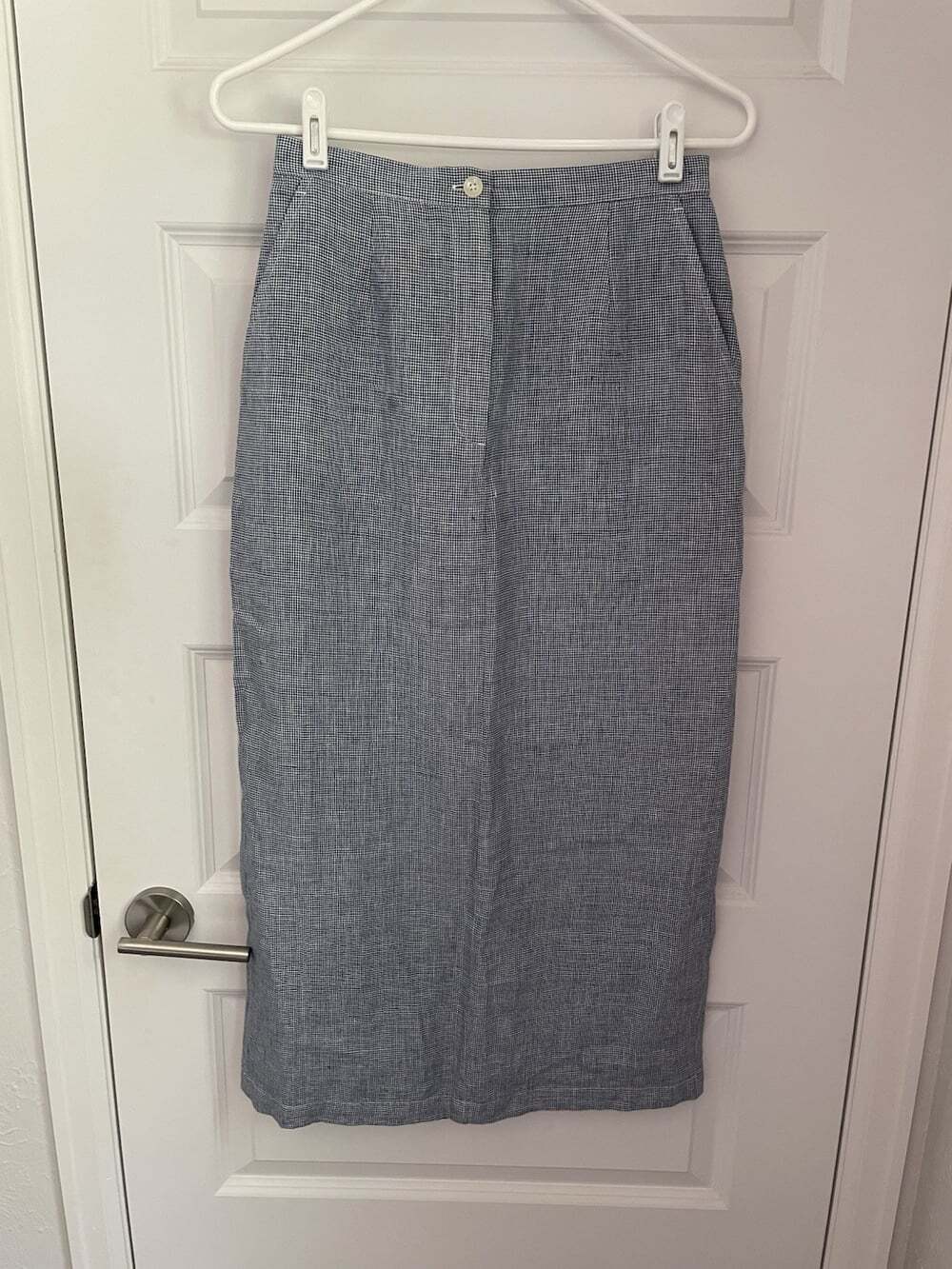 Vintage Talbots Petites Women 6 Irish Linen Pencil Skirt Blue Houndstooth Pocket